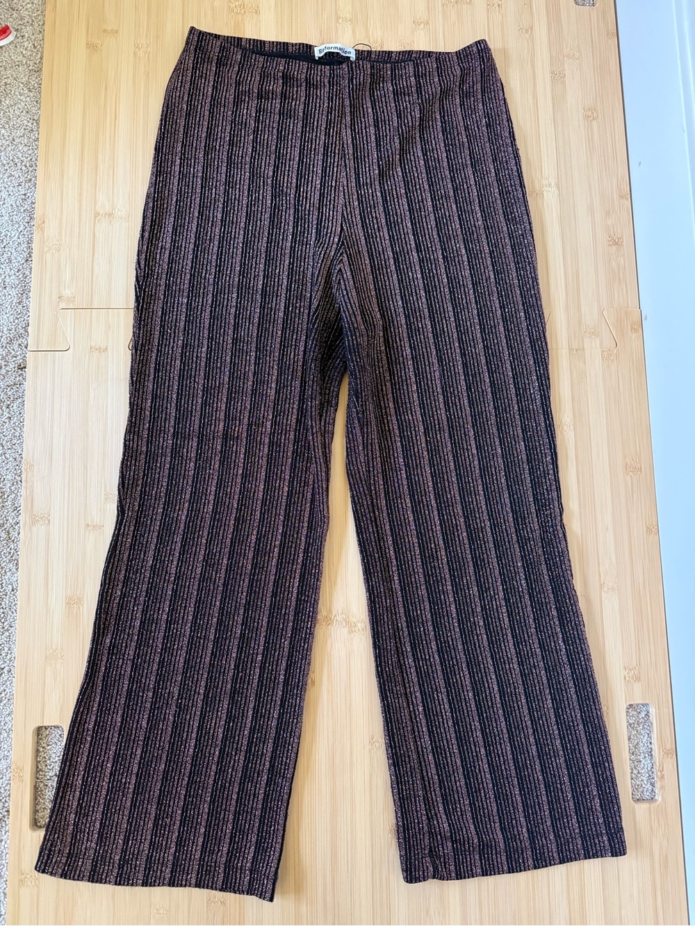 Reformation Lurex Knit Kick Flare Pants in Black/Bronze | Size L